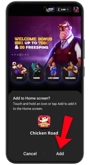 Add to Home screen option in Android browser menu for casino app