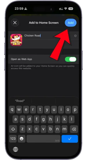 iPhone confirmation screen for adding Chicken Road casino shortcut to home screen