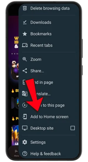 Android browser menu with three dots showing settings and options