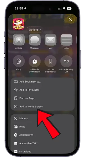 iOS Safari share menu displaying Add to Home Screen option for casino app